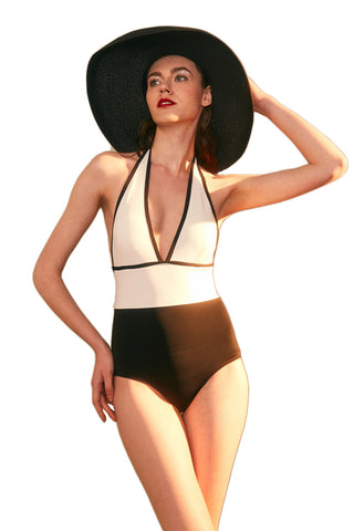 Nude And Black Stitching One-Piece Swimsuit