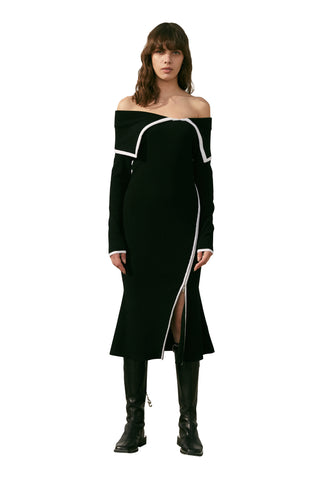 Black And White Print Long-Sleeve Midi Dress