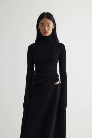 Geometric Curved Turtleneck Wool Knit Top