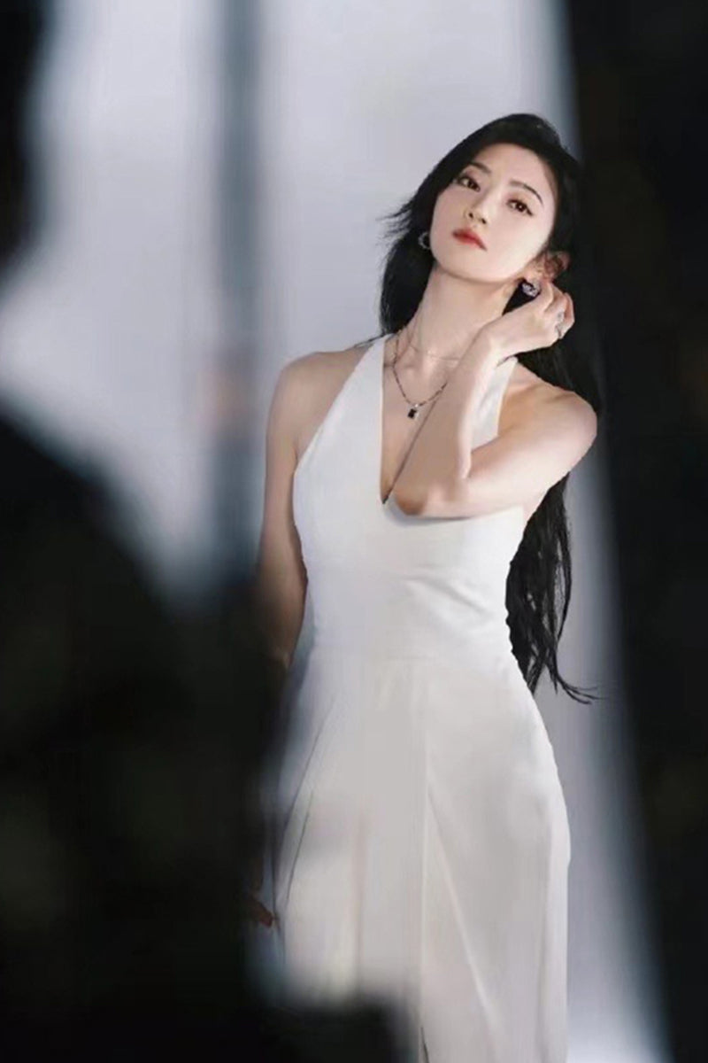 White Deep V-neck Long Dress