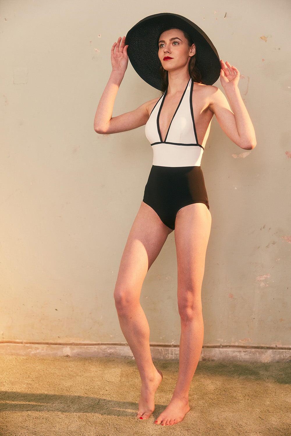 Black-And-White High-Waist Swimsuit