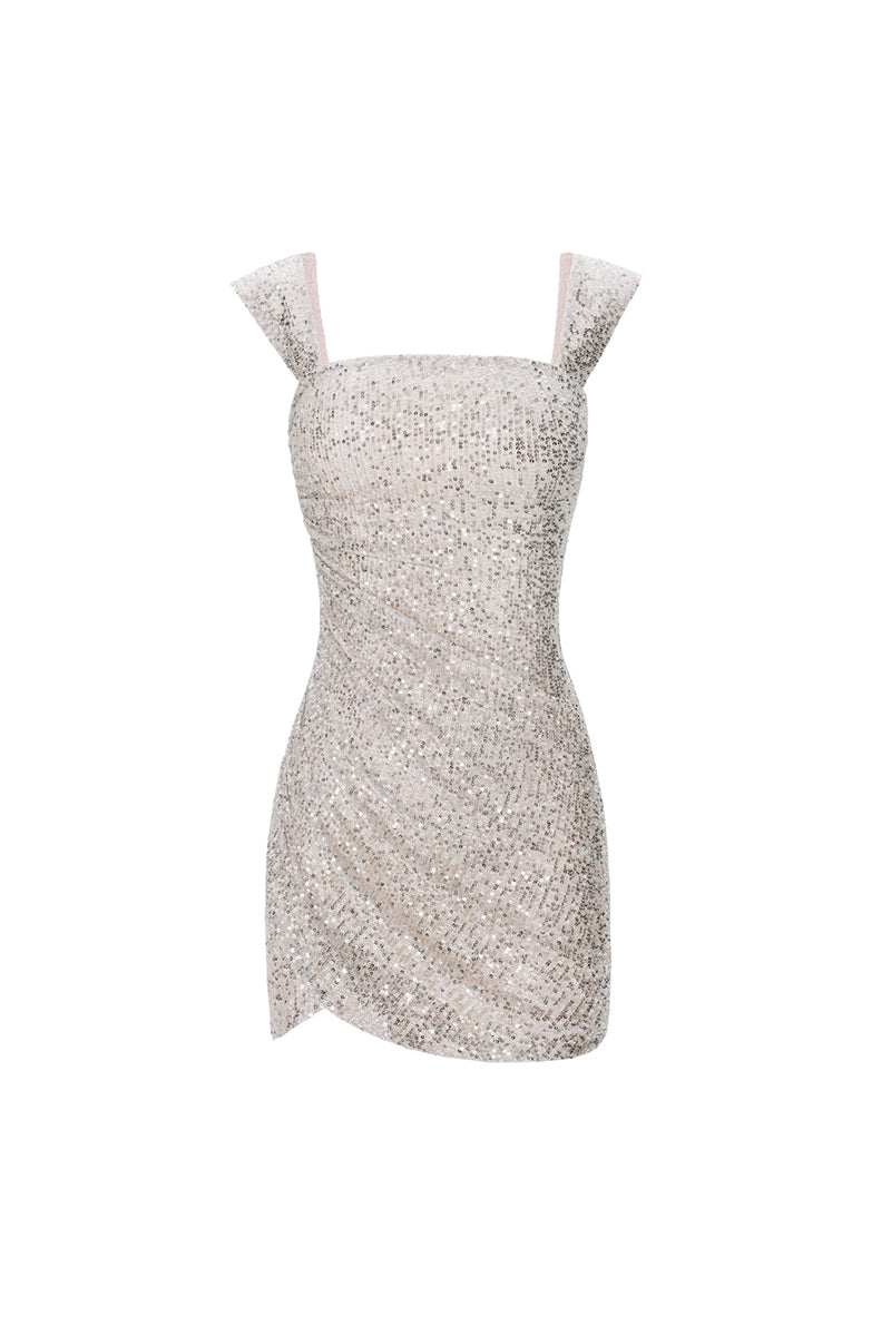 Square Neck Pleated Sequin Dress