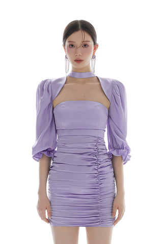 V-neck Slanted Shoulder Pleated Dress