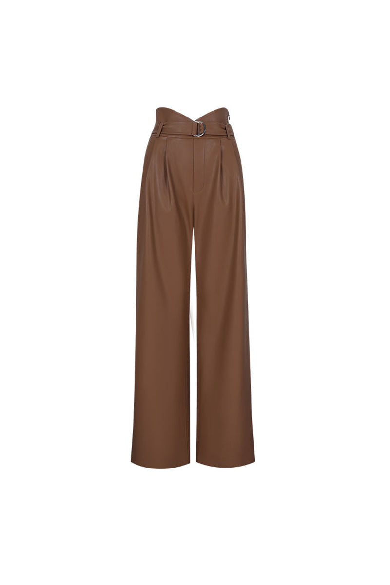 Coffee-colored Leather Wide-leg Pants