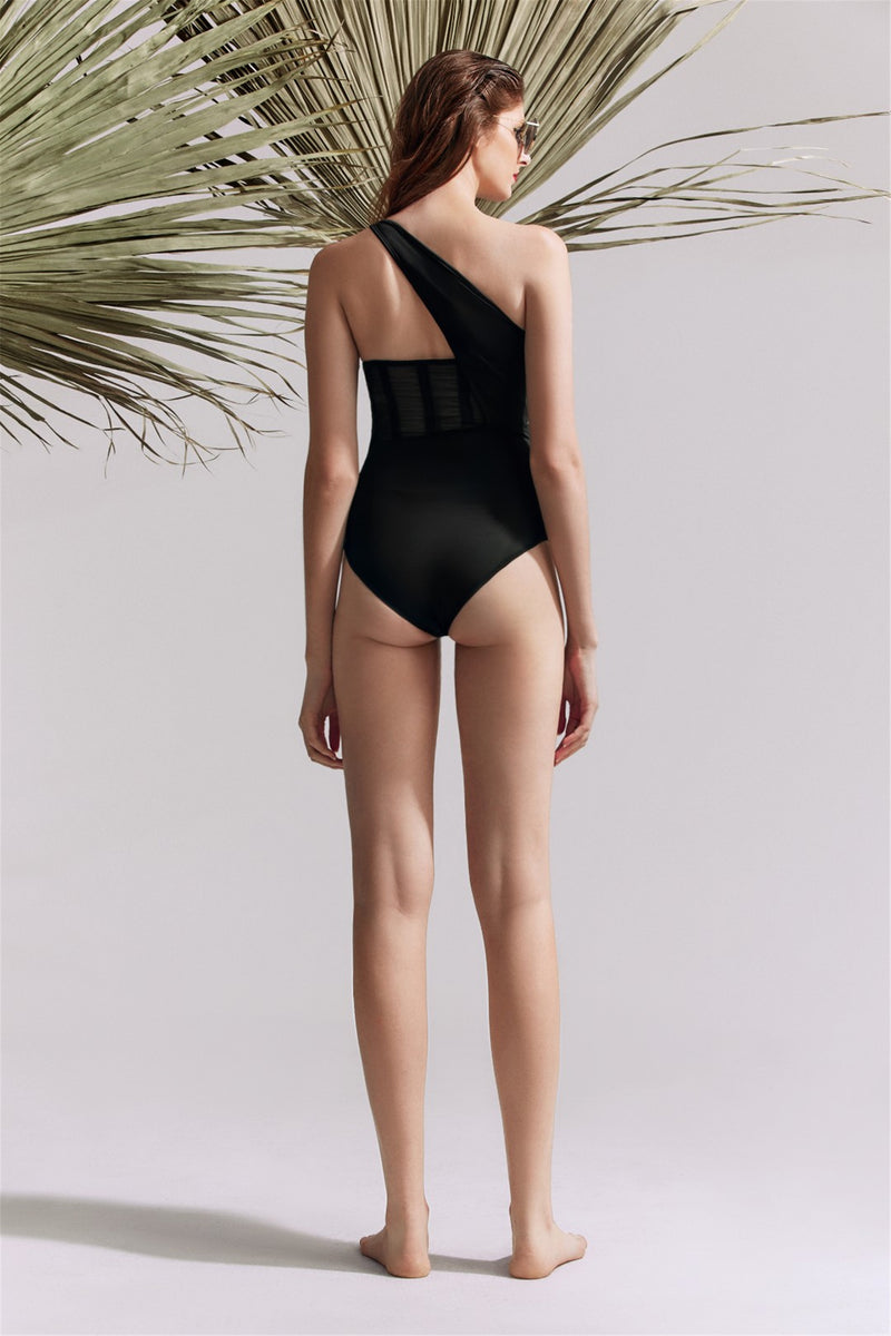 Black Oblique Shoulder Stitching One-Piece Swimsuit