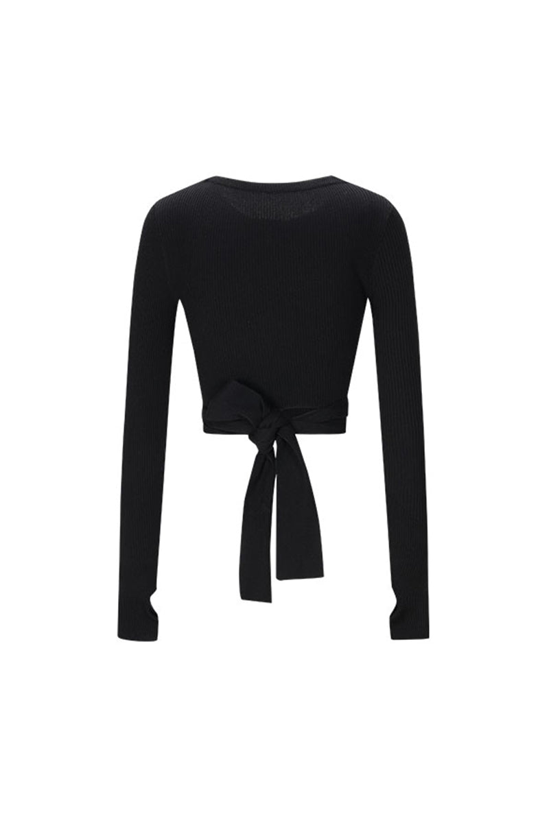 Black Kinked Lace-up Knitted Sweater