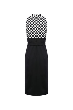 Checkerboard Panel V-Neck Off-Shoulder Dress