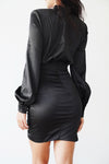 Black Satin Padded Shoulder Dress