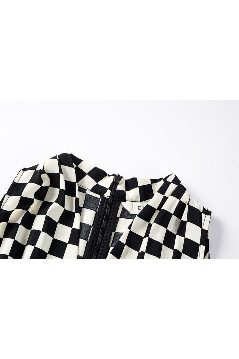 Checkerboard Panel V-Neck Off-Shoulder Dress