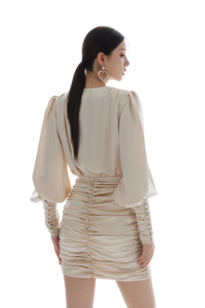 V-neck Slanted Shoulder Pleated Dress