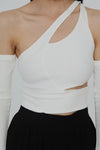 White Slanted Shoulder Knit Top