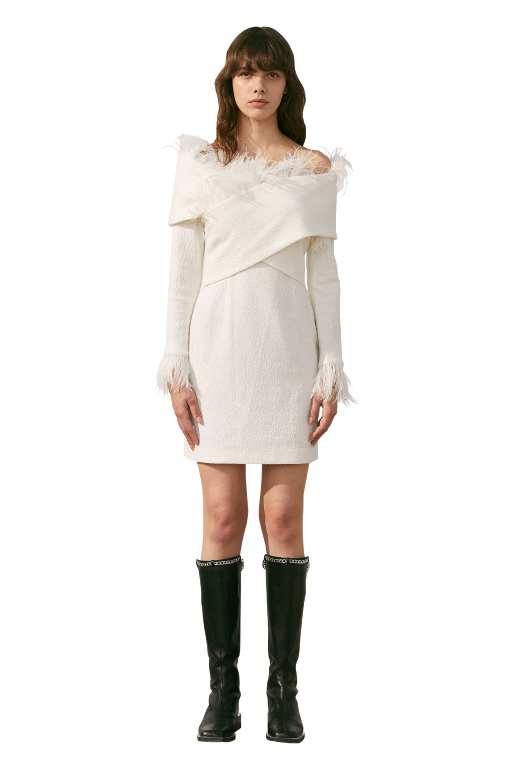 設計師設計的鴕鳥毛白色針織連衣裙
