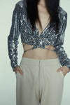 Silver Sequined Tie-up Long-sleeved Top