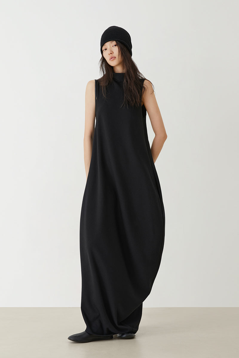 Asymmetric Curved Turtleneck Sleeveless Dress