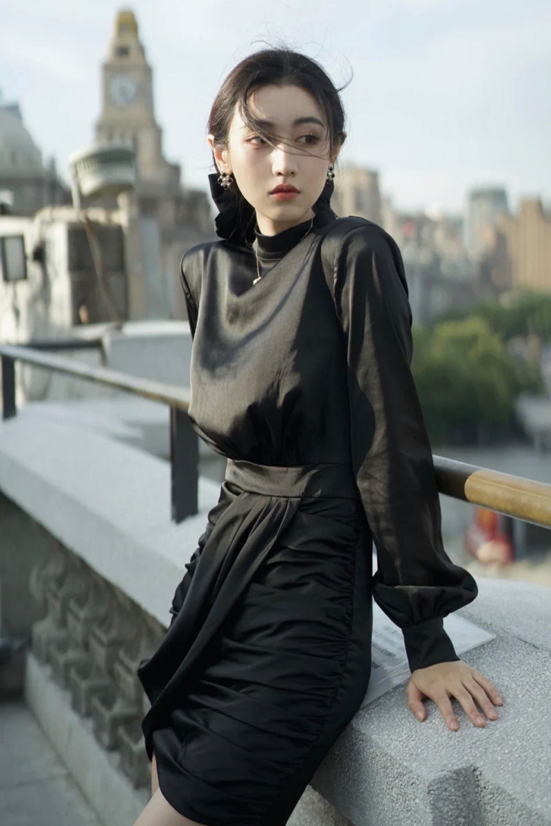 Black Satin Padded Shoulder Dress