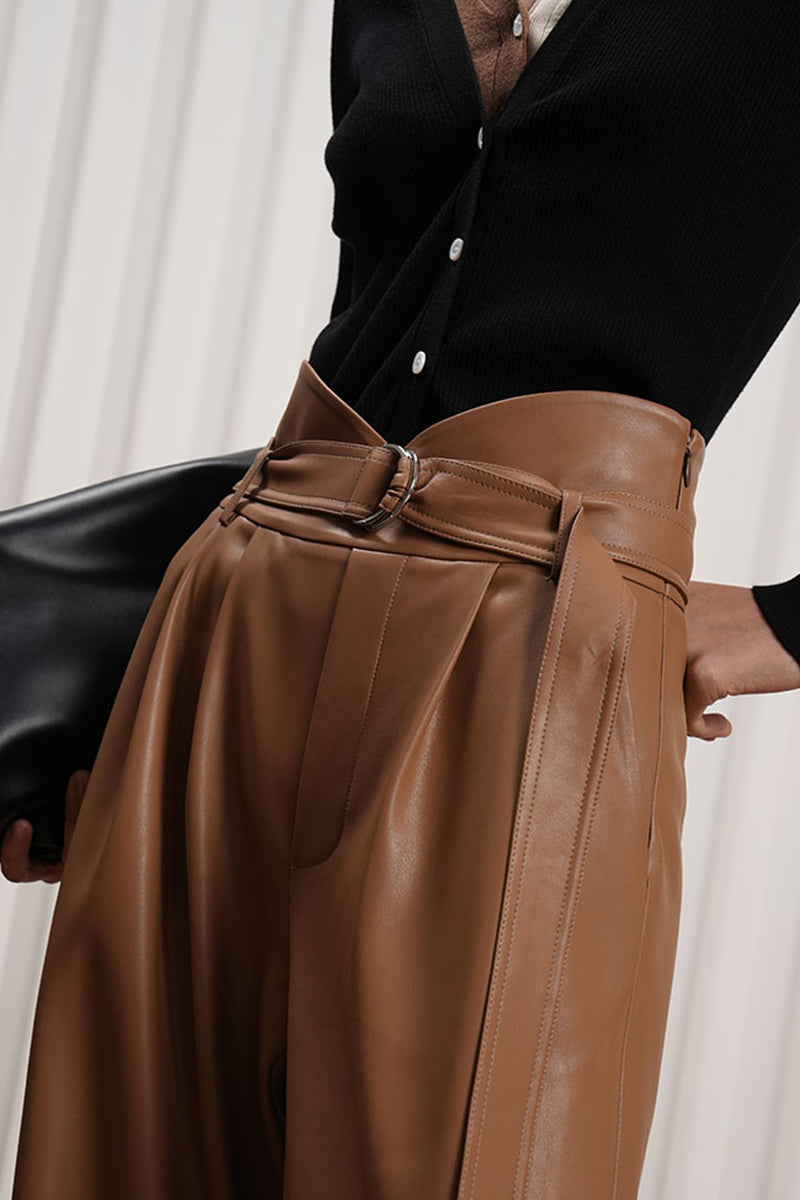 Coffee-colored Leather Wide-leg Pants
