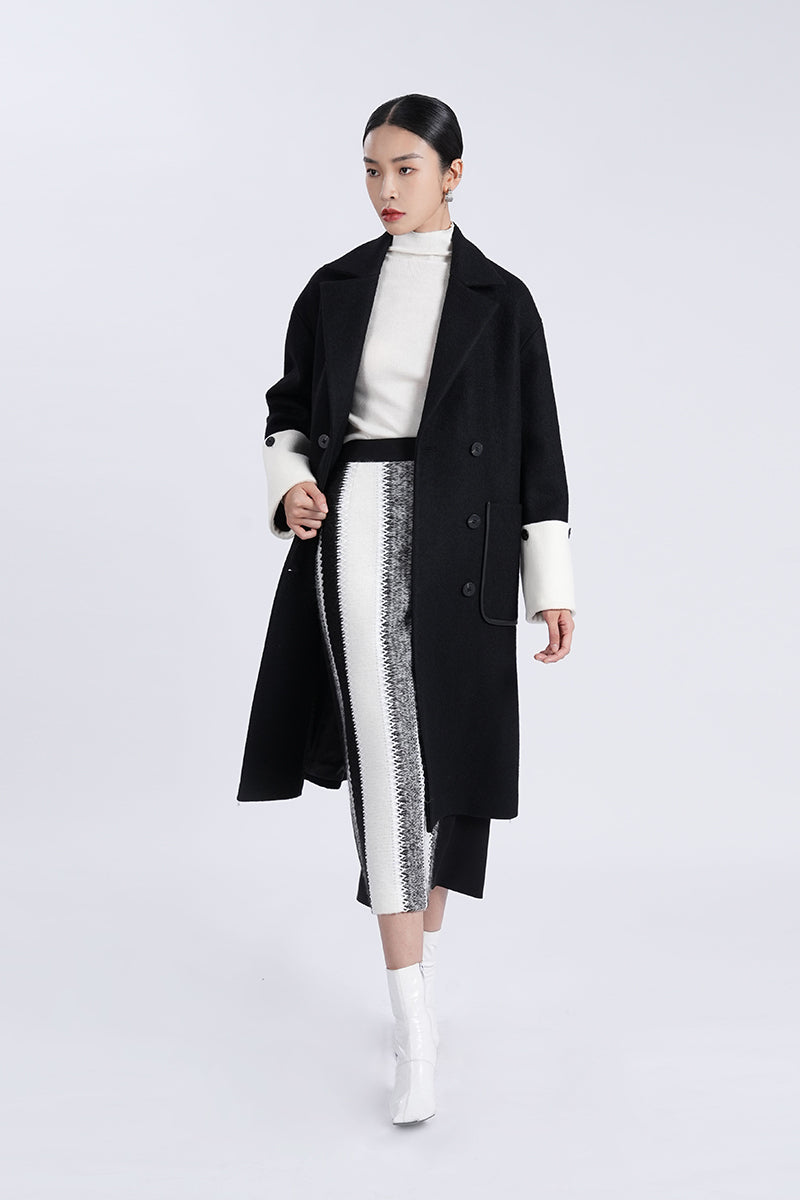 羊毛條紋拼接黑色半身裙