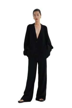 Wool Skin-close Knit Wide Leg Black Trousers