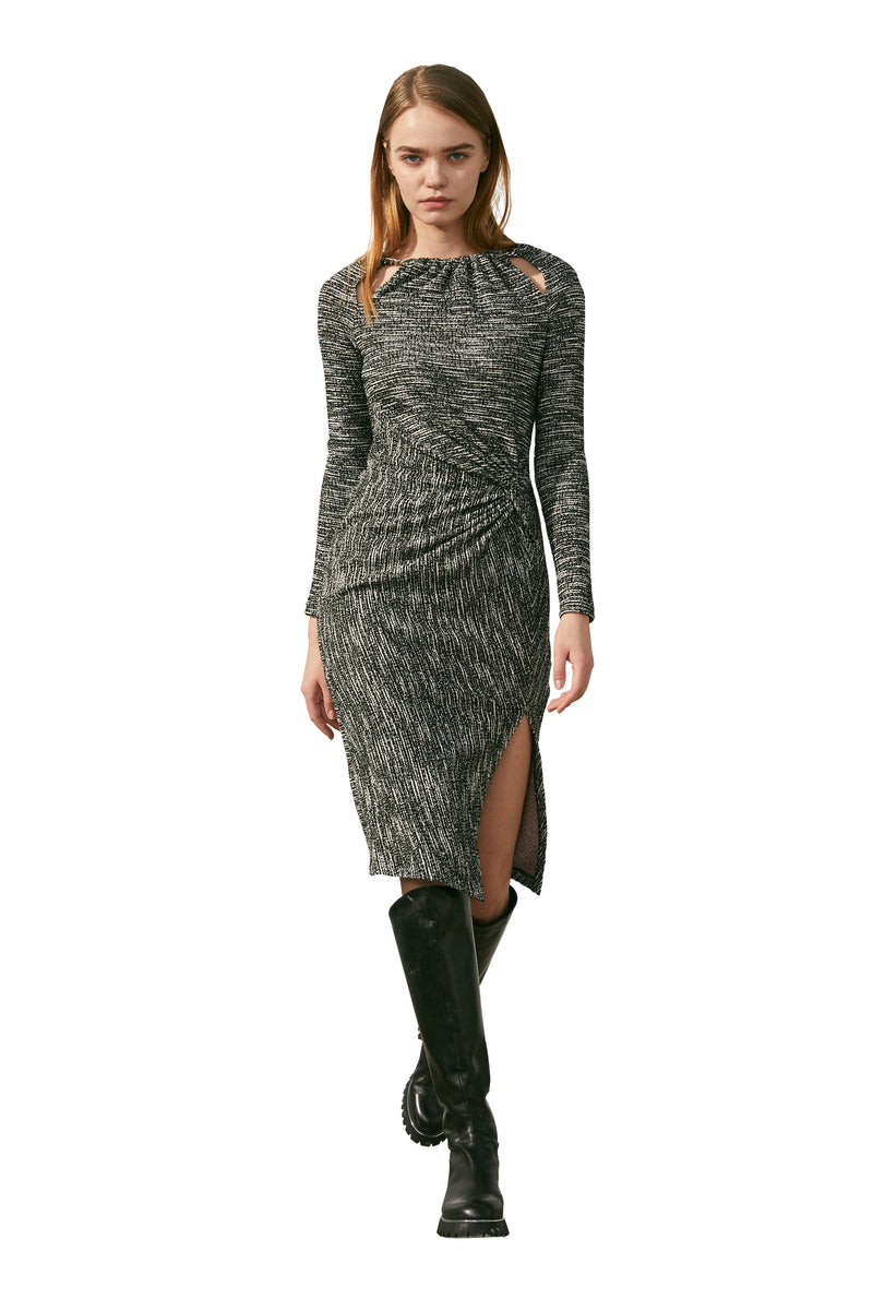 Black And White Tweed Knit Dress With Chain Knot